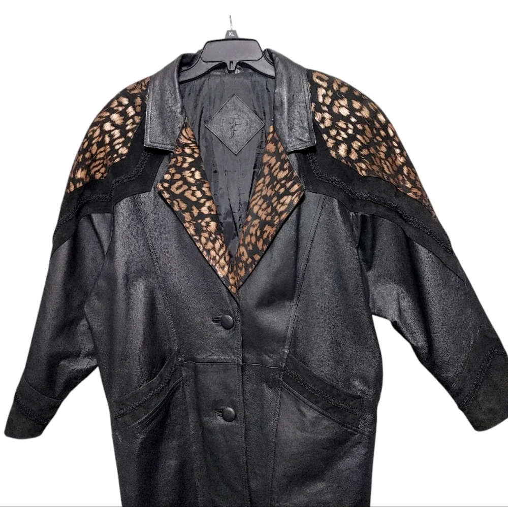 Vintage 80s JF J Ferrar Black Leopard Print Leather Suede Trench Coat Size Large - Picture 5 of 13
